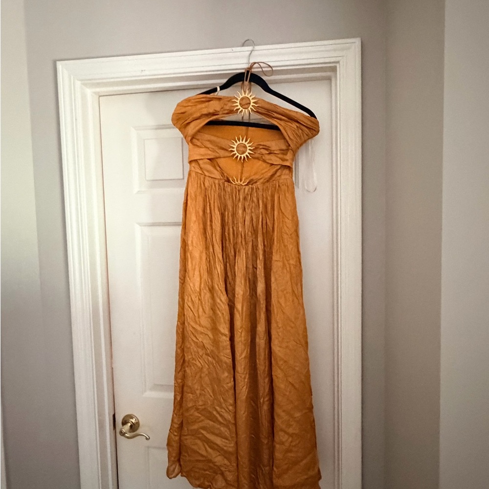 FARM Rio Gold Strapless Maxi Dress with Sunburst Hardware